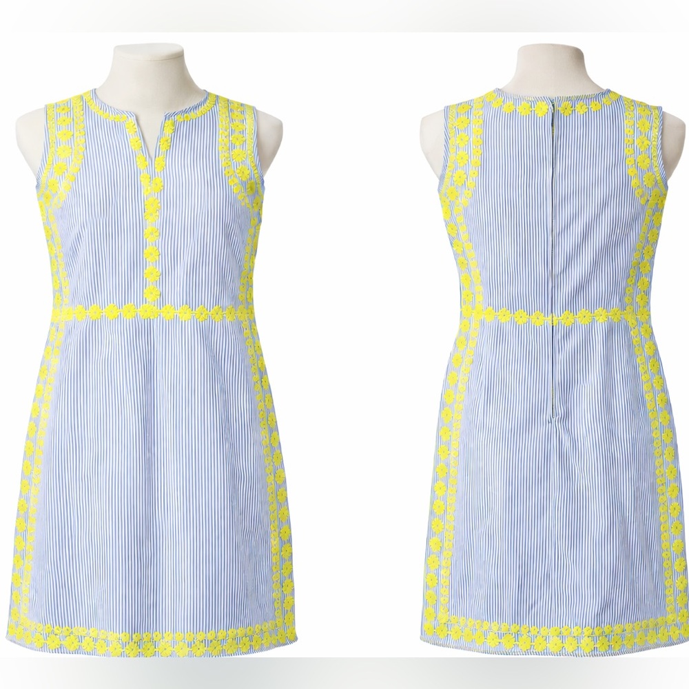 Crown & Ivy Sleeveless Seersucker Dress with Embroidered Yellow Trim NWT